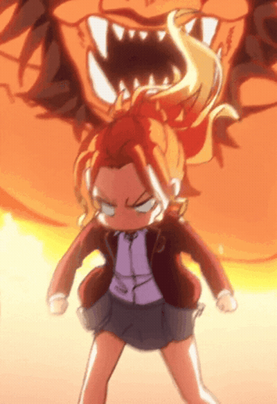 Girl With Red Hair Standing in Front of Monster With Mouth Open