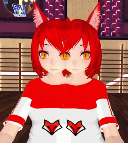 Girl With Red Hair Wearing Red And White Shirt With Fox GIF