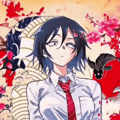 Girl With Short Hair And Red Tie In Front Of Fish And Flowers Painting GIF
