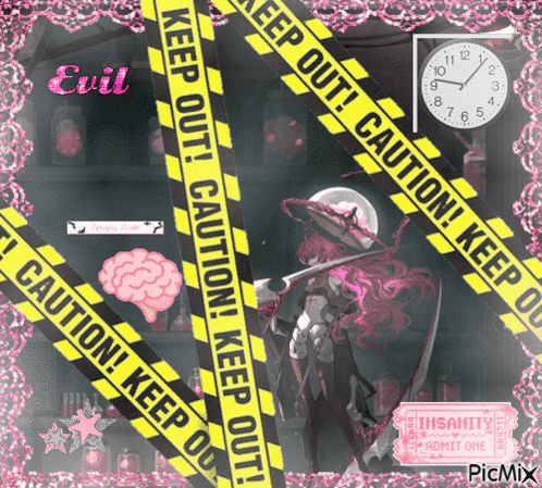 Girl With Sword Surrounded By Caution Tape And Clock GIF