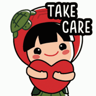 Girl With Turtle On Head Holding Red Heart Saying Take Care GIF