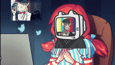 Girl With TV On Head And Monkey On Screen GIF