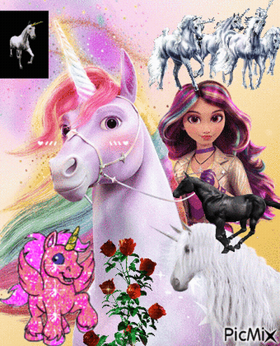 Girl With Unicorn On Head Surrounded By Unicorns And Flowers GIF