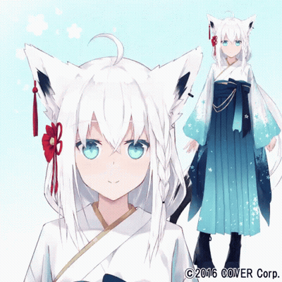 Girl With White Hair And Blue Eyes In Front Of Cover Corp Logo GIF