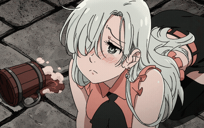 Girl With White Hair And Blue Eyes Kneeling Next To Barrel GIF