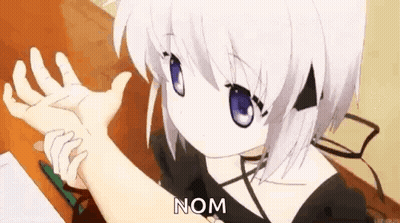 Girl With White Hair And Blue Eyes Saying Nom GIF