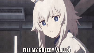 Girl With White Hair And Blue Eyes Says Fill My Greedy Wallet GIF