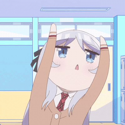Girl With White Hair And Blue Eyes Stretching Arms In Classroom GIF
