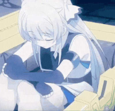 Girl With White Hair And Blue Gloves Sitting On Bench GIF