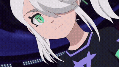 Girl With White Hair And Green Eyes In Black Shirt With Purple Star GIF