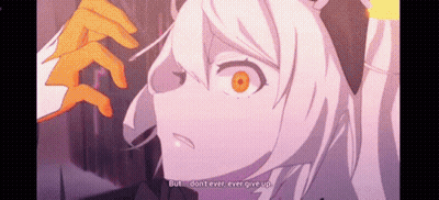 Girl With White Hair And Orange Eyes Says But Don't Ever Ever Give Up GIF