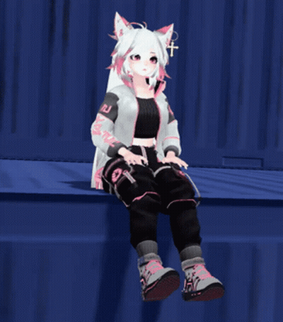 Girl With White Hair And Pink Ears Sitting On Blue Wall GIF