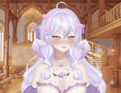 Girl With White Hair And Pink Horns Standing By Stairs GIF