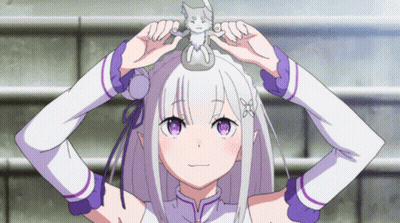 Girl With White Hair And Purple Eyes Holding Cat On Head GIF