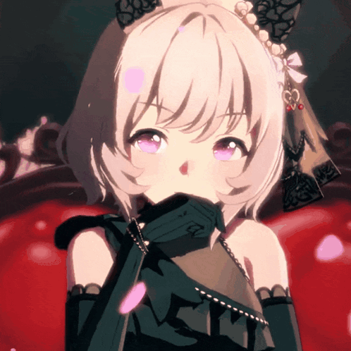 Girl With White Hair And Purple Eyes Wearing Black Gloves GIF