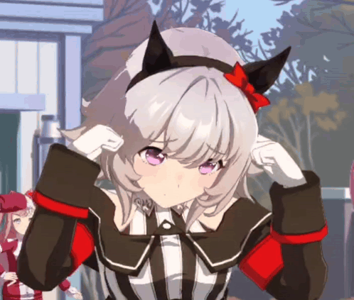 Girl With White Hair And Purple Eyes Wearing Cat Ear Headband GIF