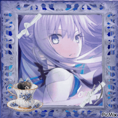 Girl With White Hair And Teddy Bear In Teacup Saying Love GIF