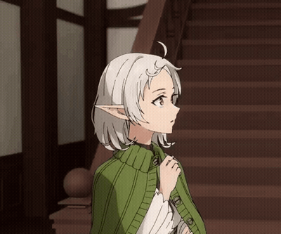 Girl With White Hair In Green Cape And Sweater GIF