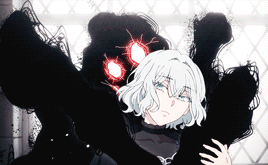 Girl With White Hair Standing Next To Monster With Red Eyes GIF