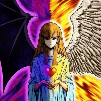 Girl With Wings Holding Heart Between Demon And Angel GIF