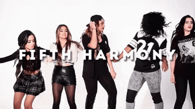 Girls Dancing In Front Of Fifth Harmony Banner GIF