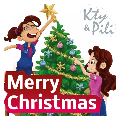 Girls Decorating Christmas Tree Merry Christmas Sticker