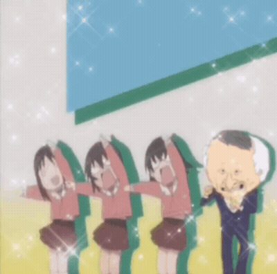 Girls Standing In Front Of Big Head Man GIF
