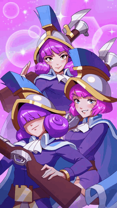 Girls With Purple Hair And Blue Hats Standing Together GIF