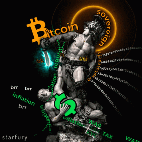 Gladiator Statue Holding Sword Bitcoin Background