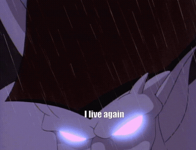 Glowing Eyes Cartoon Saying I Live Again GIF