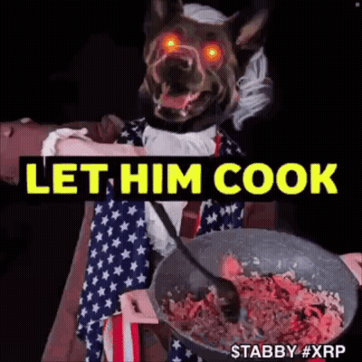 Glowing Red Eyed Dog Holding Pan Says Let Him Cook GIF