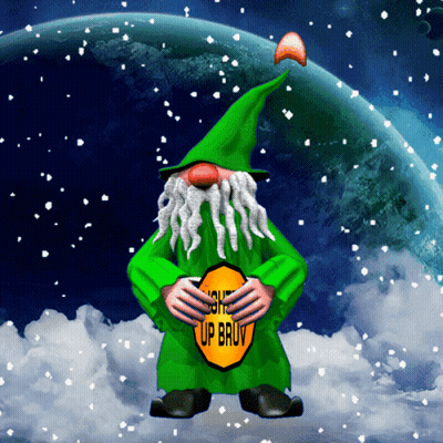 Gnome In Green Outfit Holding Sign Saying Some Up Bruv GIF