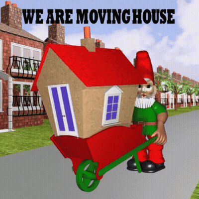 Gnome Pushing House In Wheelbarrow We Are Moving House GIF