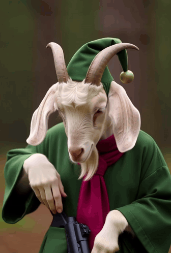 Goat In Green Hat And Red Scarf Holding Gun GIF