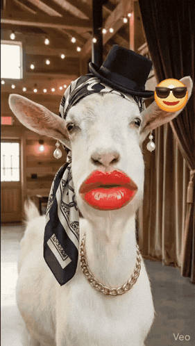 Goat In Top Hat Scarf Red Lips Gold Chain GIF