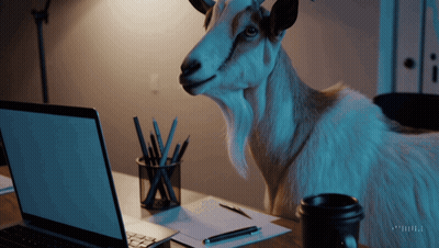 Goat Standing On Desk With Laptop And Coffee GIF
