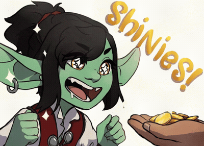 Goblin Holding Gold Coins Saying Shinies GIF