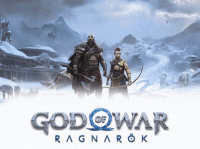 God Of War Ragnarok Poster With Two Warriors In Snow GIF