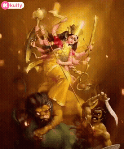 Goddess Riding Lion Holding Bow And Arrow GIF