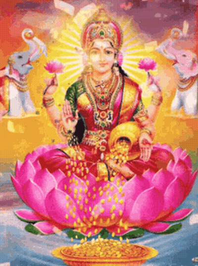 Goddess Sitting On Lotus With Elephants GIF
