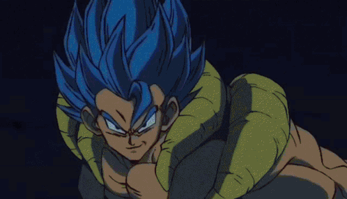Gogeta From Dragon Ball Z Is Flying Through The Air In A Purple And Blue Aura . GIF