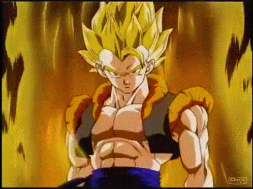 Gogeta From Dragon Ball Z Is Standing In Front Of A Fire . GIF