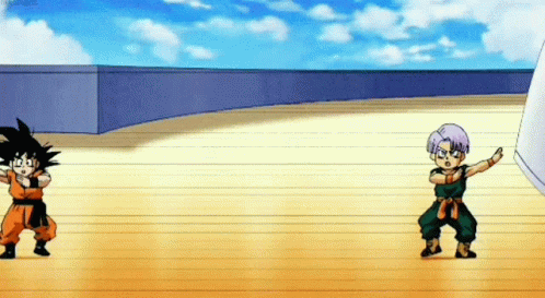 Goku And Trunks From Dragon Ball Z Dancing On Wooden Floor GIF