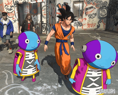 Goku And Zeno Standing In Front Of Graffiti Building GIF