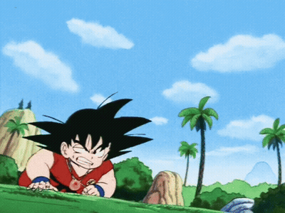 Goku Cartoon With Palm Trees And Mountains GIF