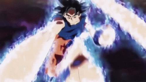 Goku From Dragon Ball Super Is Flying Through The Air With A Purple Background And A Purple Glow Behind Him . GIF