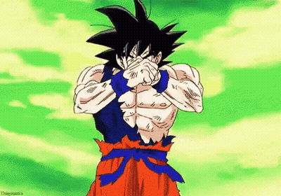 Goku From Dragon Ball Z Is Covering His Face With His Hands While Standing In Front Of A Green Background . GIF