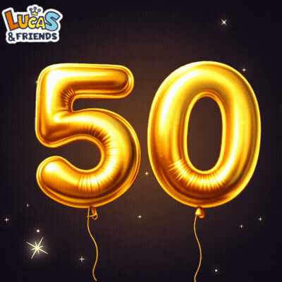 Gold Balloons In The Shape Of The Number 50 With Lucas & Friends Written On The Bottom GIF