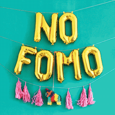 Gold No Fomo Balloons With Pink Tassels GIF