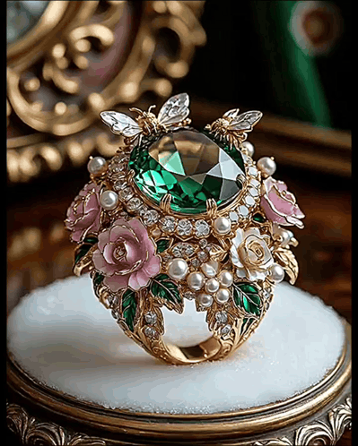 Gold Ring With Green Stone Pink Flowers and Pearls